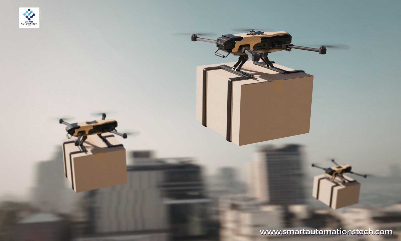 Autonomous delivery drones transporting packages for same-day shipping