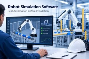 Robot simulation software testing industrial robot movements before installation.