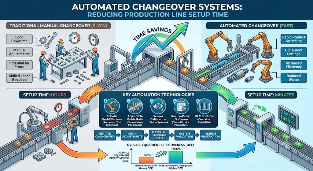 Automated changeover systems adjusting machinery on an industrial production line