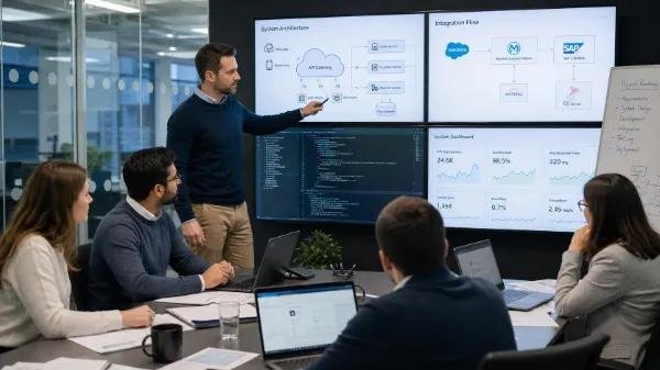 Business professionals analyzing automation ROI and technology investment performance