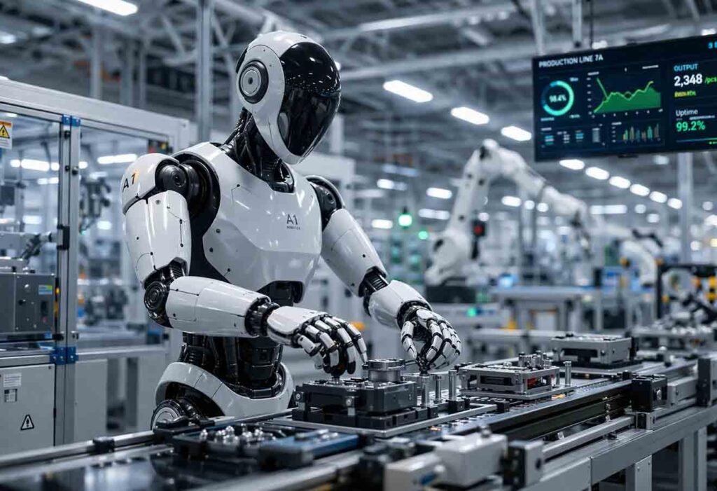 Humanoid robots performing manufacturing tasks on a factory production floor