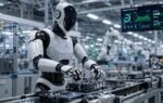 Humanoid robots performing manufacturing tasks on a factory production floor