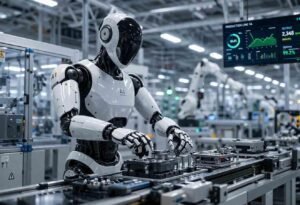 Humanoid robots performing manufacturing tasks on a factory production floor
