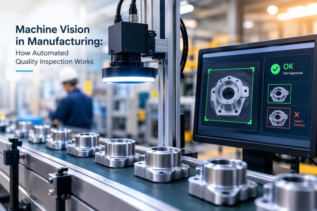 Machine vision system inspecting manufactured products for quality defects on an automated production line